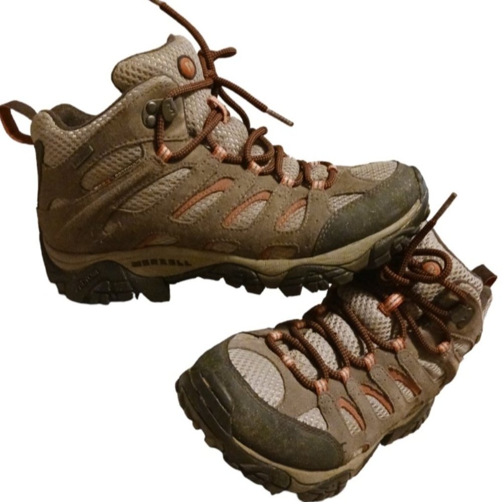 Merrell Moab Waterproof Mid Hiking Shoes Suede Brown Red Womens Size 8.5